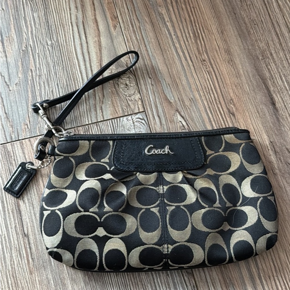 Coach Black and Khaki Signature Wristlet Clutch